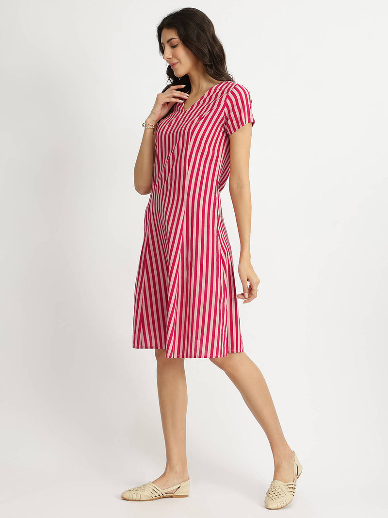Cotton Stripe A-line Dress - Pink