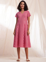 Cotton Stripe A-line Dress - Pink