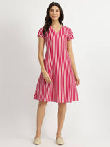 Cotton Stripe A-line Dress - Pink