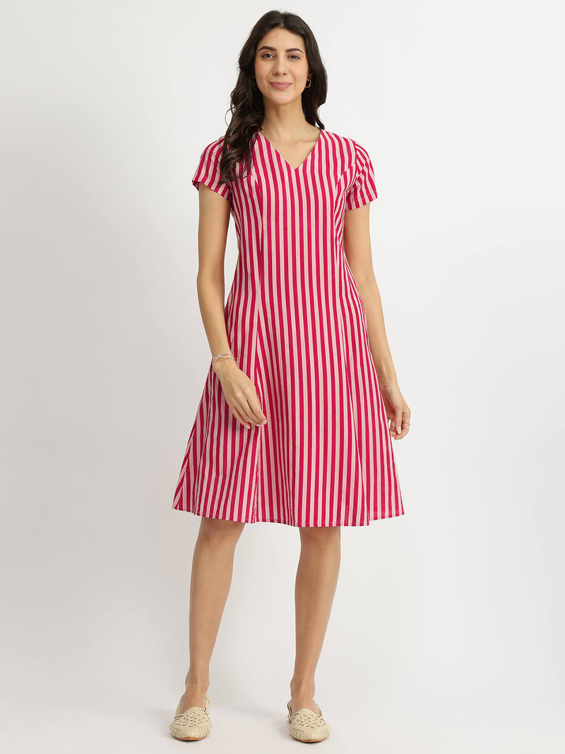 Cotton Stripe A-line Dress - Pink