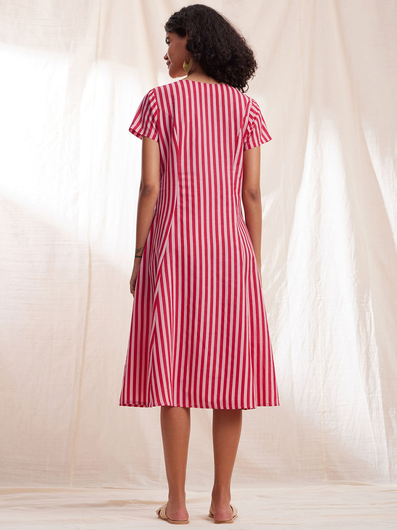 Cotton Stripe A-line Dress - Pink