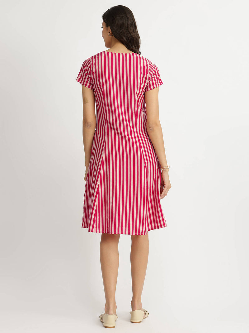 Cotton Stripe A-line Dress - Pink