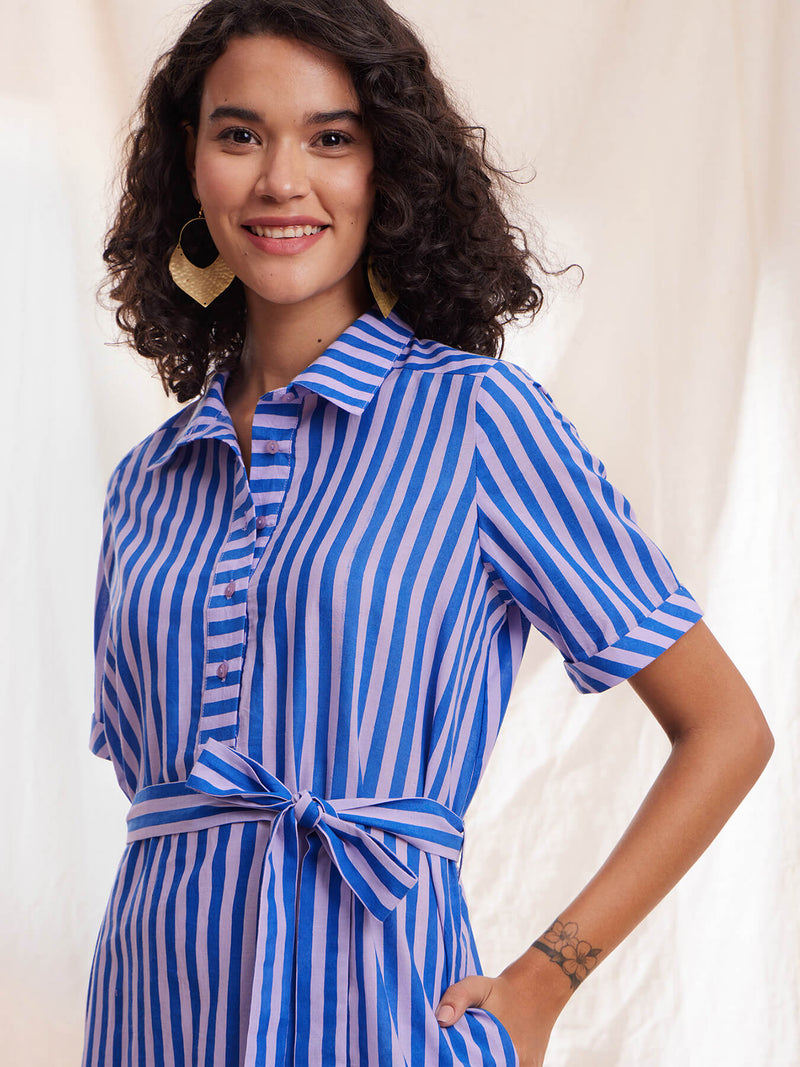 Cotton Stripe Shirt Dress - Blue