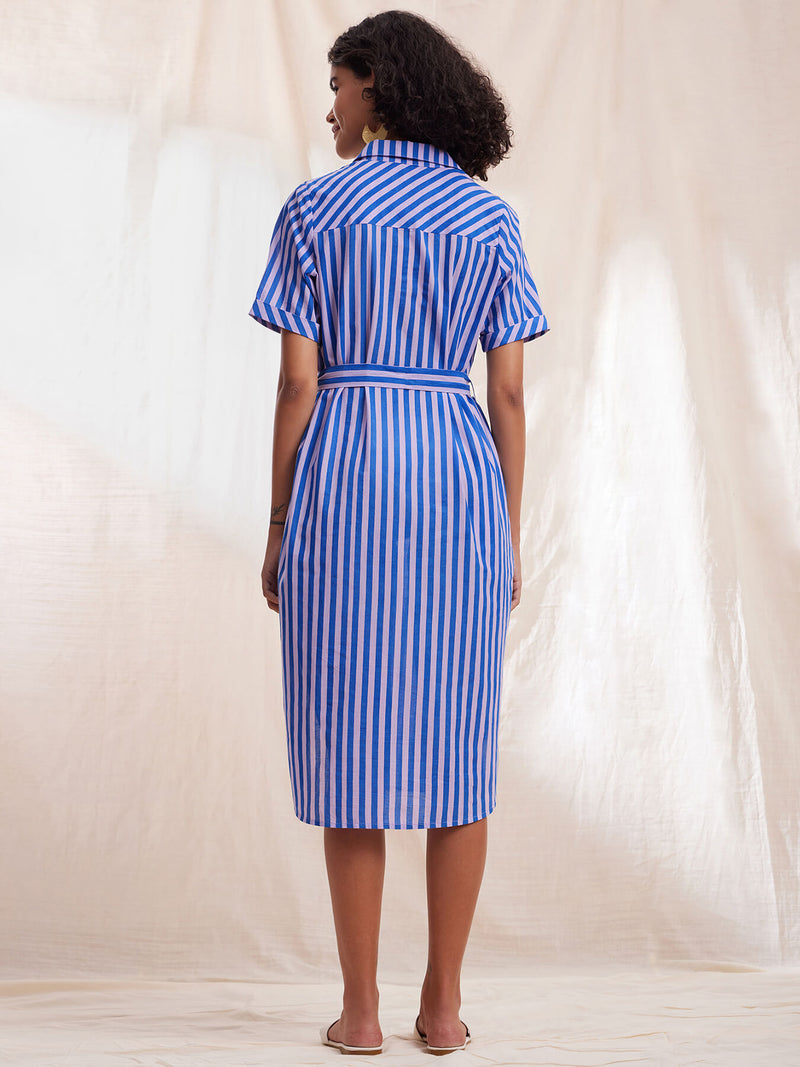 Cotton Stripe Shirt Dress - Blue