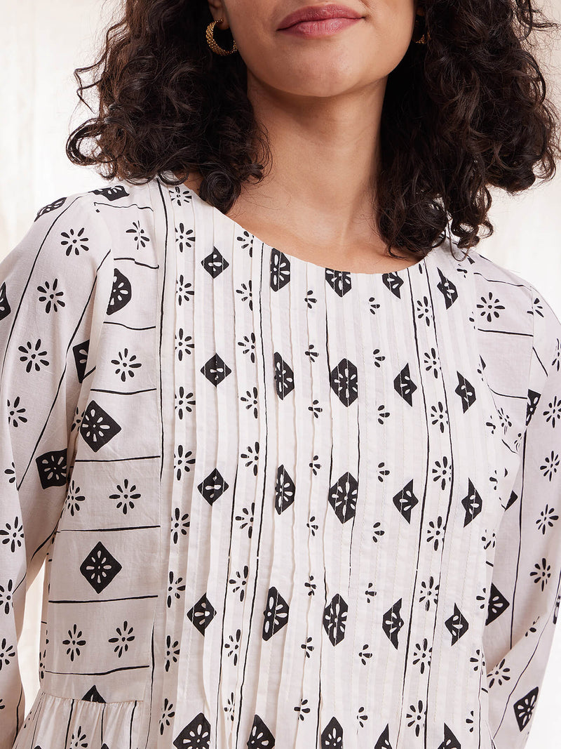 Cotton Geometric Print A-line Dress with Slip - Black & White