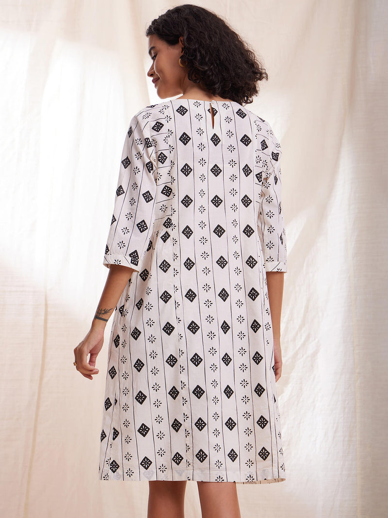 Cotton Geometric Print A-line Dress with Slip - Black & White