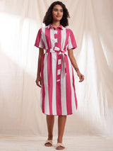 Cotton Striped Shirt Dress - Pink & White