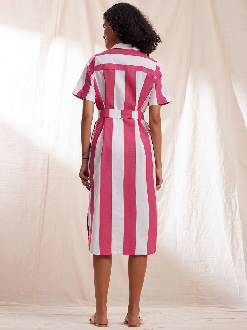 Cotton Striped Shirt Dress - Pink & White