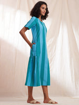 Cotton Striped Tiered Dress - Blue