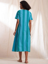 Cotton Striped Tiered Dress - Blue