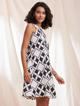 Cotton Geometric Print Sleeveless Dress with Slip- Black & White