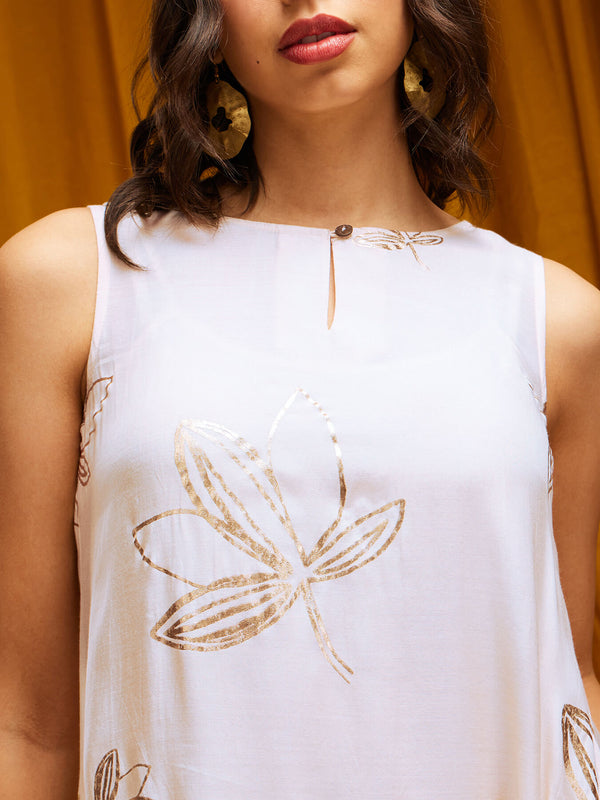 Gold Foil Print Handkerchief Dress - Off White