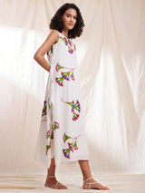 Cotton Floral A-Line Dress - White