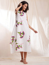 Cotton Floral A-Line Dress - White