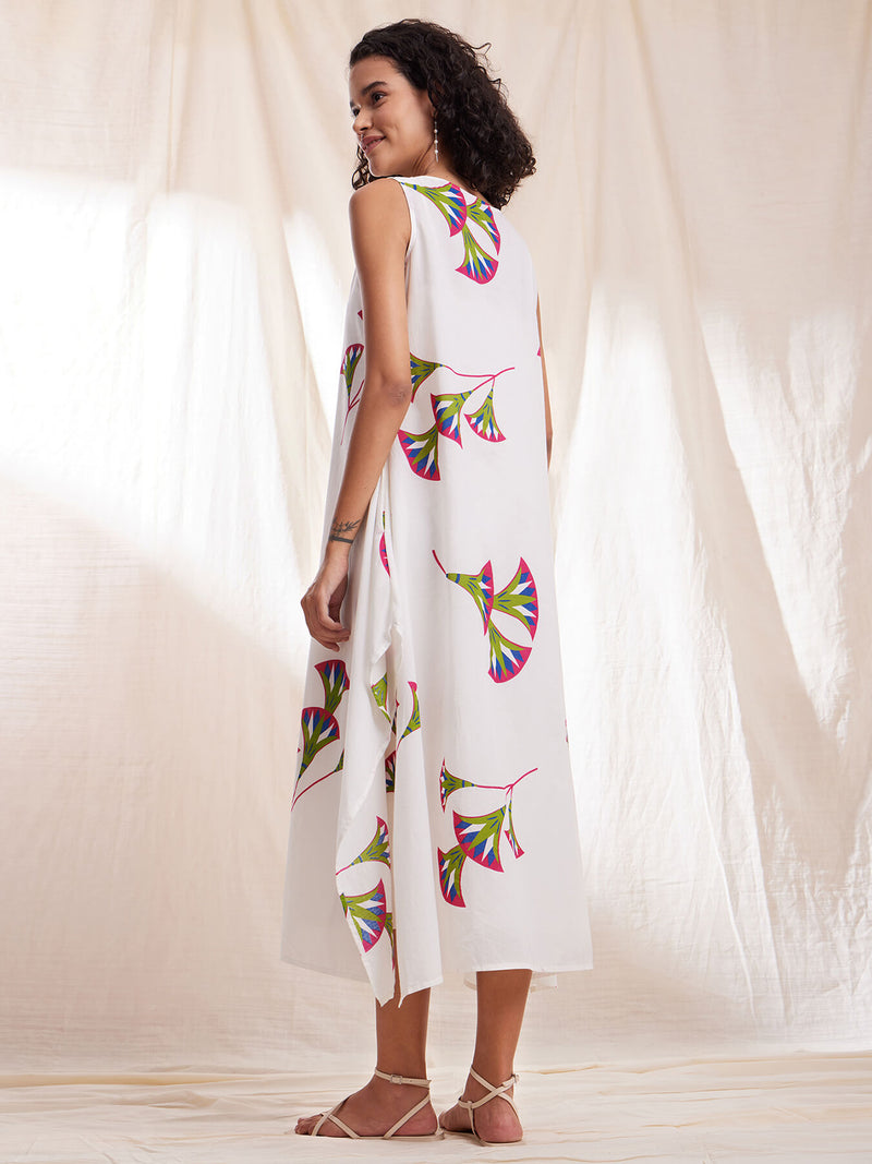 Cotton Floral A-Line Dress - White