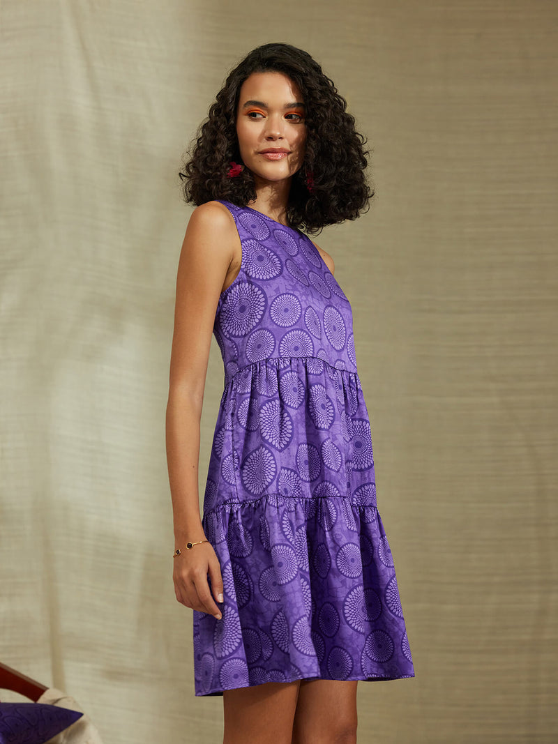 Sleeveless Satin Tiered Dress - Purple