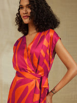 Satin Abstract Print Overlap Dress - Orange & Pink