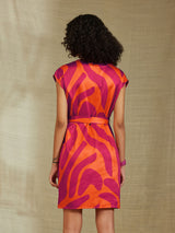 Satin Abstract Print Overlap Dress - Orange & Pink
