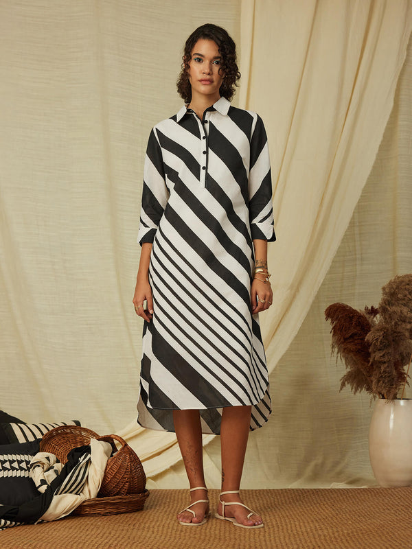 Cotton Stripe Play Shirt Dress - Black & Cream