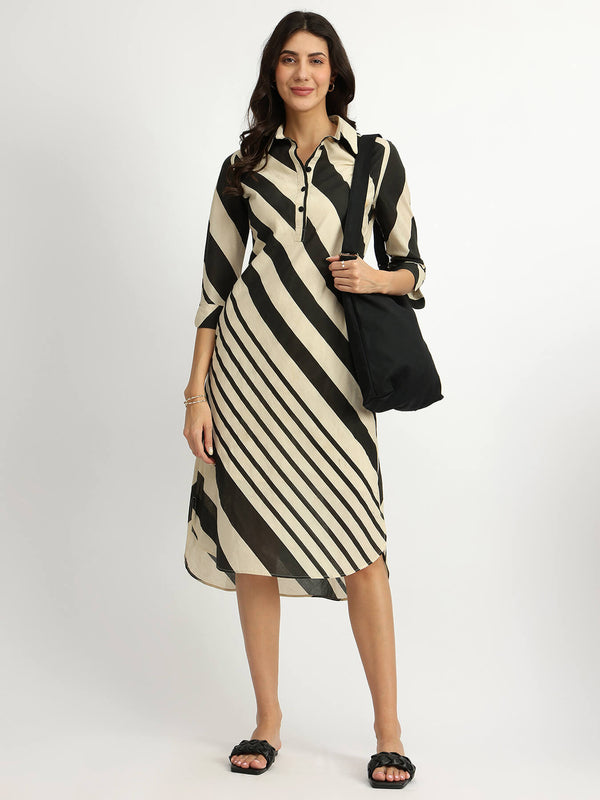 Cotton Stripe Play Shirt Dress - Black & Cream