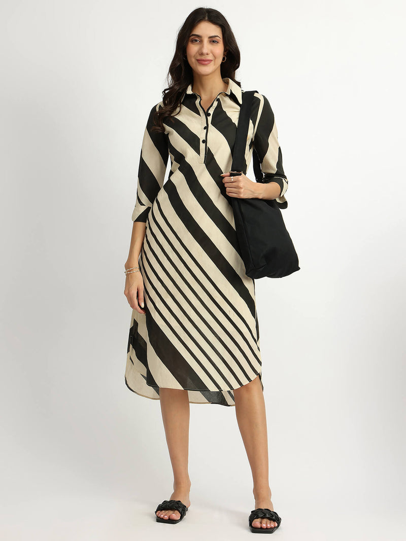 Cotton Stripe Play Shirt Dress - Black & Cream
