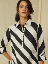 Cotton Stripe Play Shirt Dress - Black & Cream