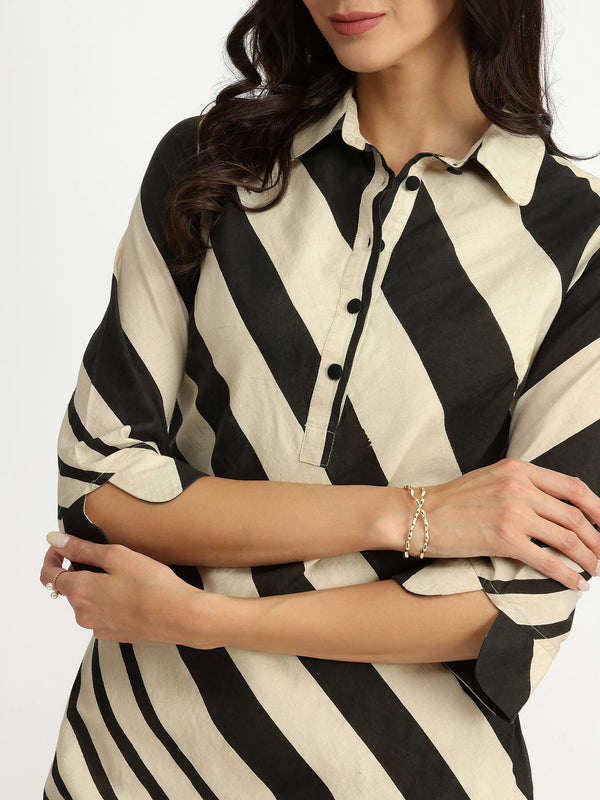 Cotton Stripe Play Shirt Dress - Black & Cream