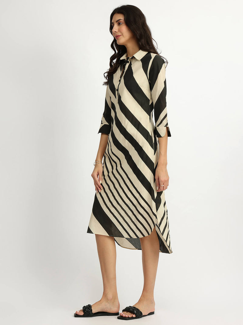 Cotton Stripe Play Shirt Dress - Black & Cream