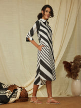 Cotton Stripe Play Shirt Dress - Black & Cream