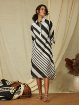 Cotton Stripe Play Shirt Dress - Black & Cream