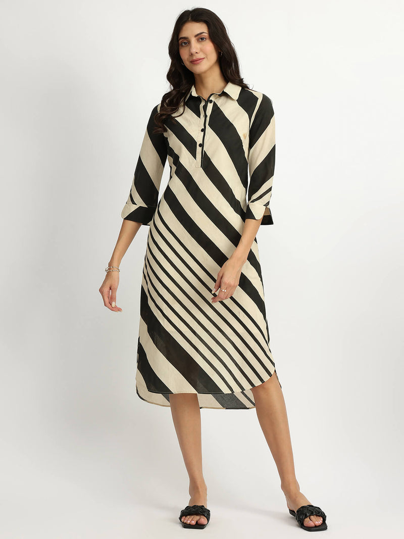 Cotton Stripe Play Shirt Dress - Black & Cream