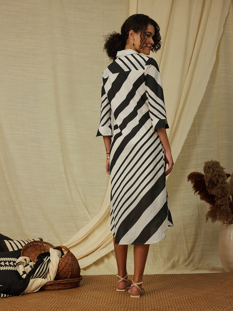 Cotton Stripe Play Shirt Dress - Black & Cream