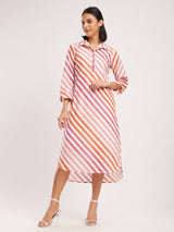 Cotton Striped Shirt Dress - Pink & White