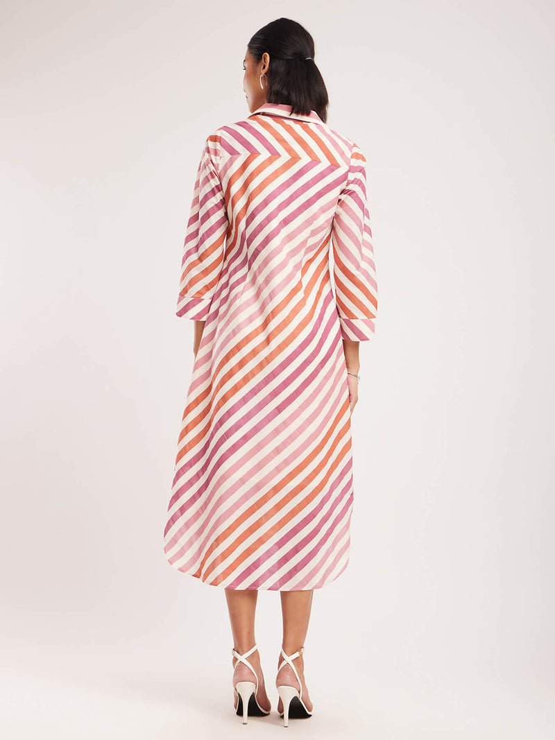 Cotton Striped Shirt Dress - Pink & White