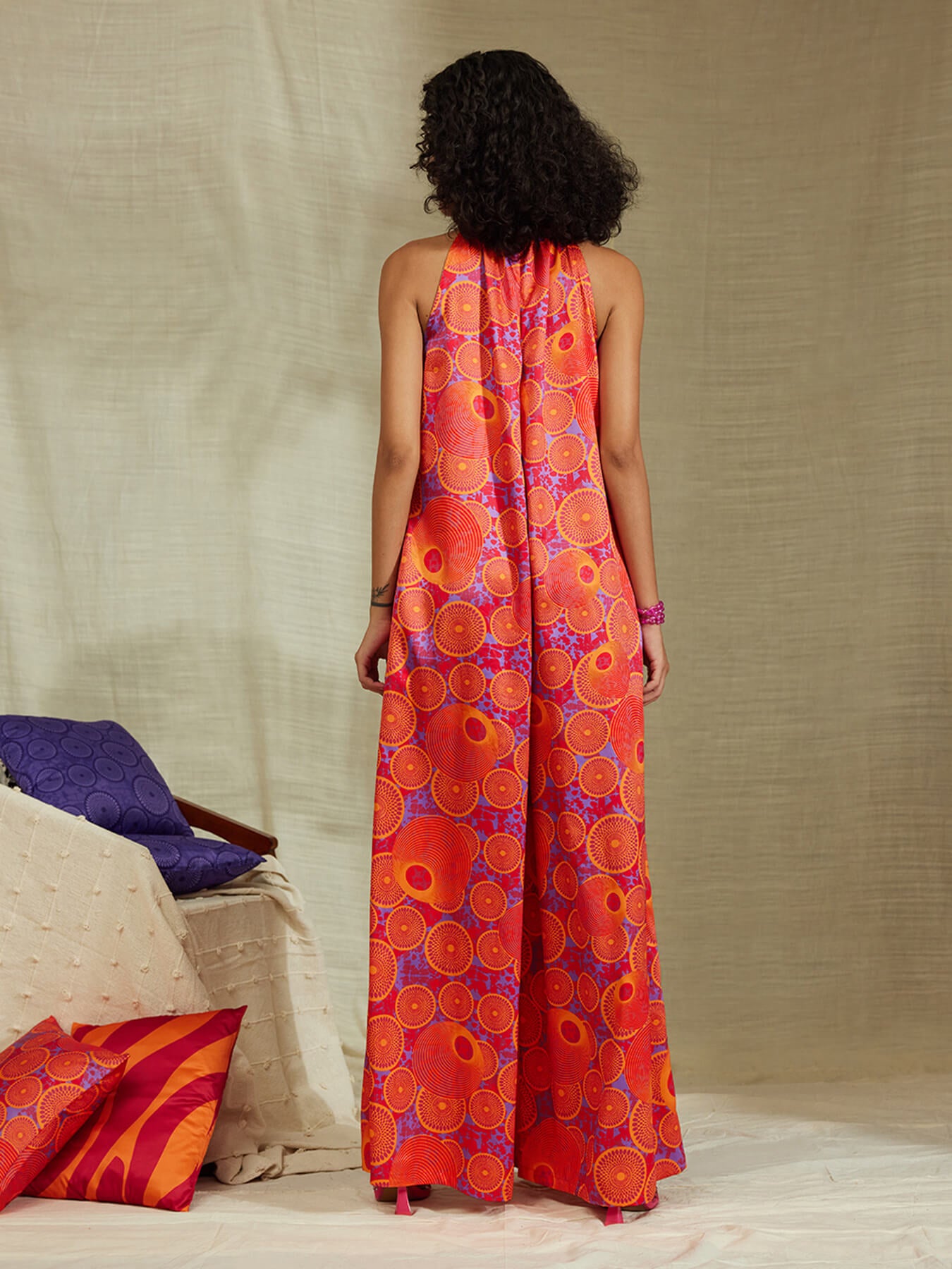 Satin Floral Halterneck Jumpsuit - Pink
