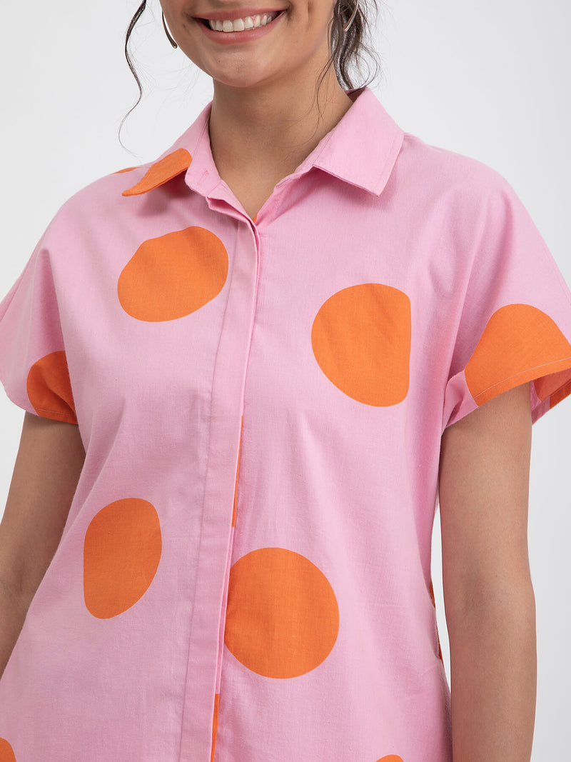 Cotton Poplin Polka Shirt Collar Kurta - Pink