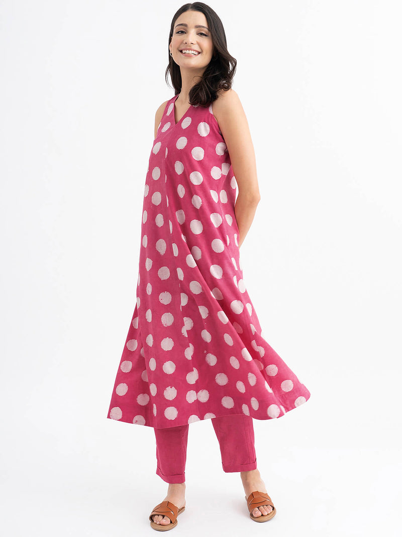 Cotton Sleeveless Dabu Handblock Polka Printed Dress - Pink