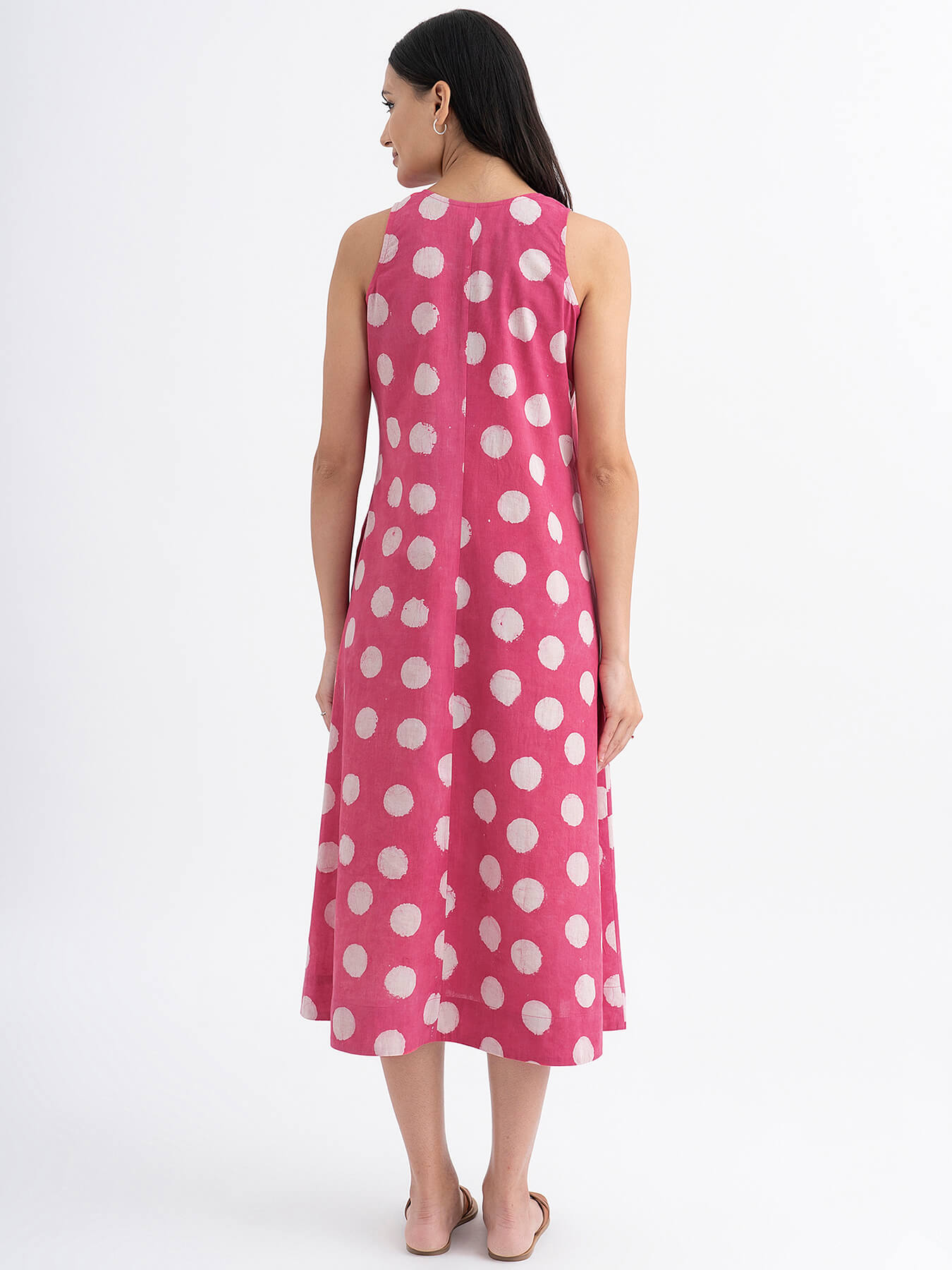 Cotton Sleeveless Dabu Handblock Polka Printed Dress - Pink