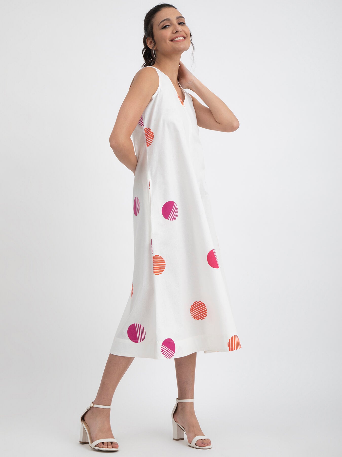 Sleeveless Cotton Poplin Polka Dress - White