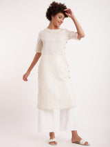 Cotton Straight Kurta with Button Detailing - White