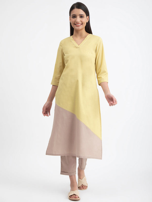 Linen Blend Colour Block Kurta - Yellow And Beige