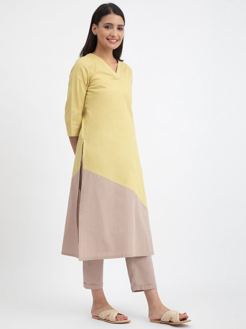Linen Blend Colour Block Kurta - Yellow And Beige