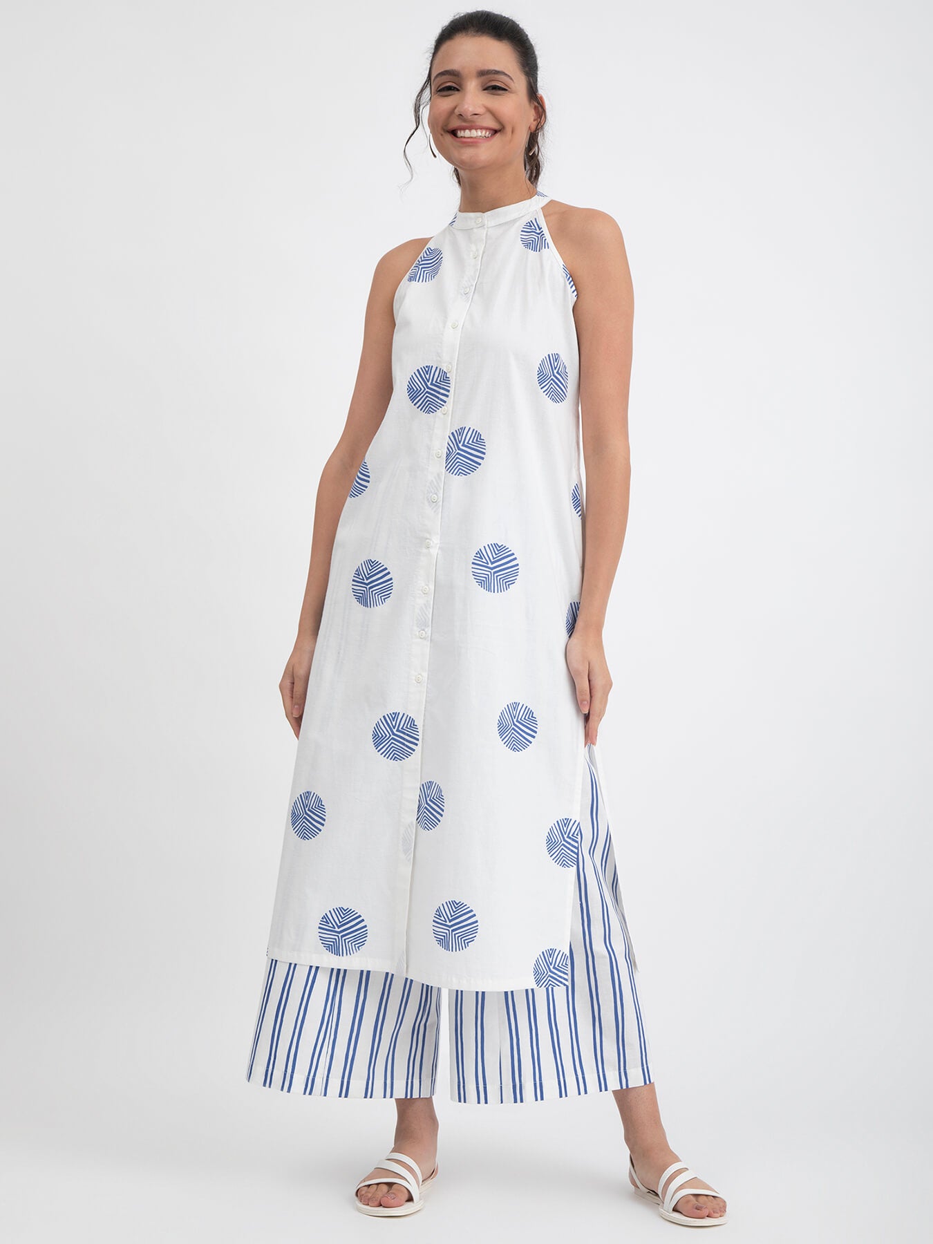 Cotton Poplin Polka Halterneck Kurta - White