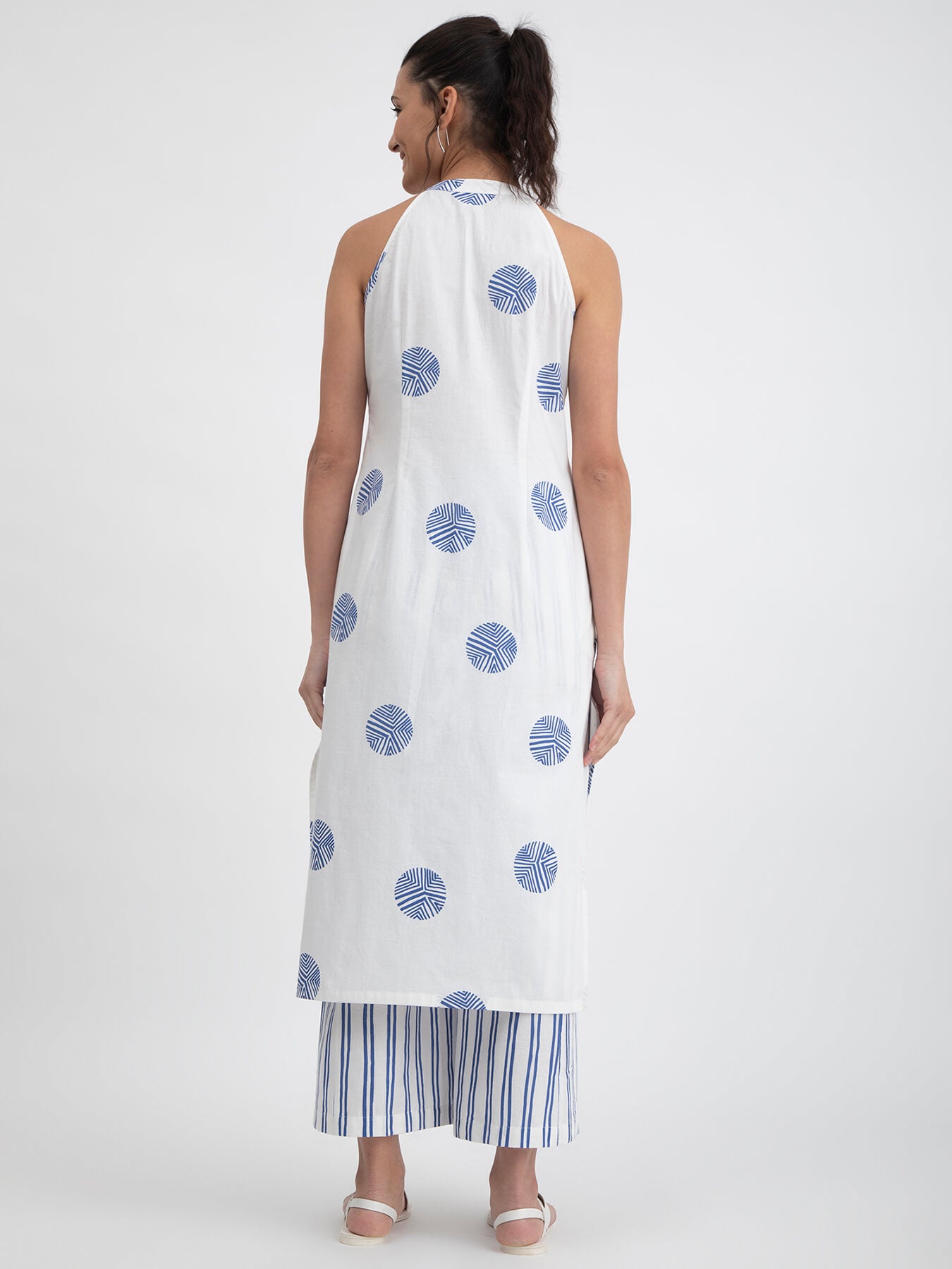 Cotton Poplin Polka Halterneck Kurta - White