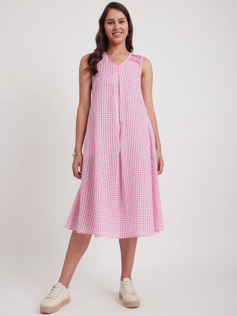 Cotton Sleeveless Check Dress - Pink