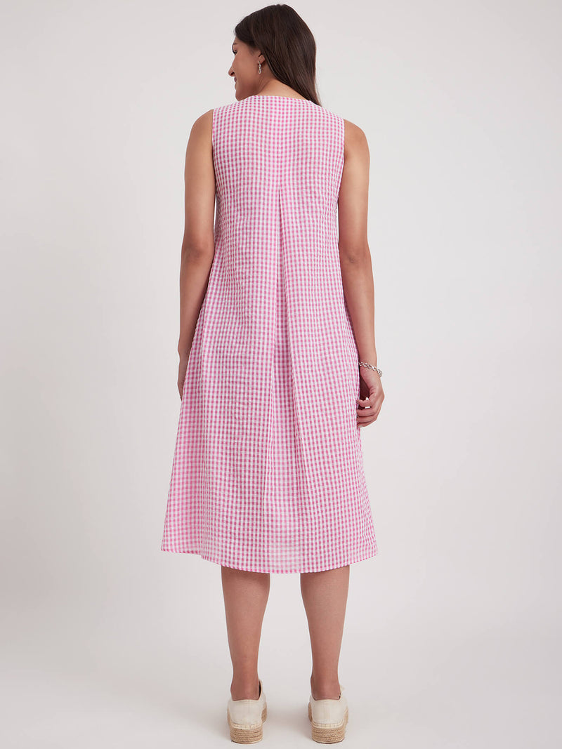 Cotton Sleeveless Check Dress - Pink