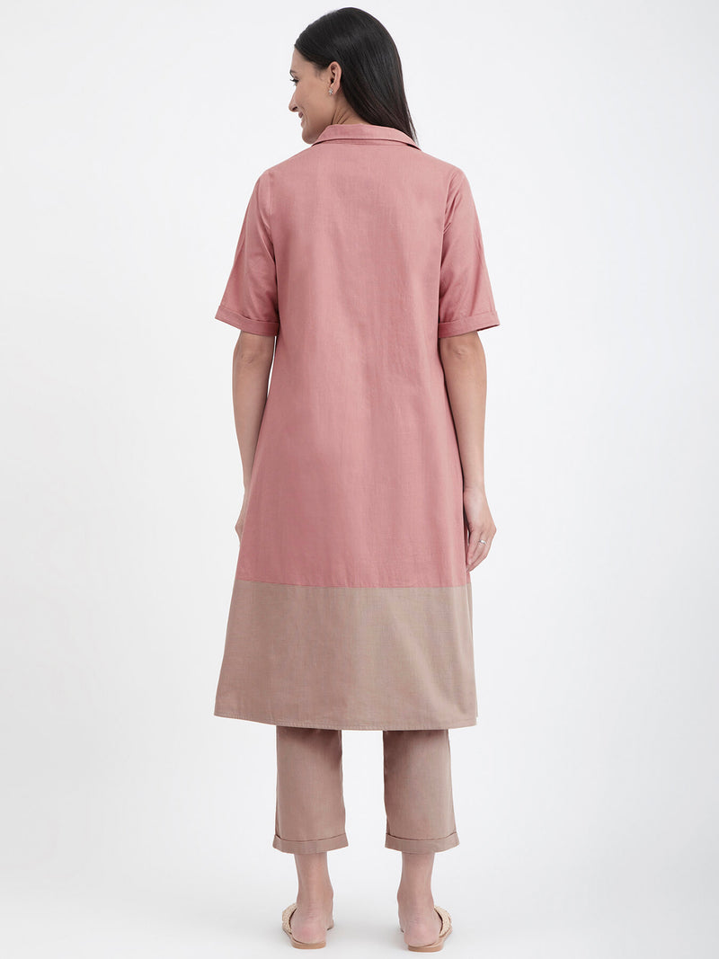 Linen Blend Colour Block Kurta - Pink & Beige