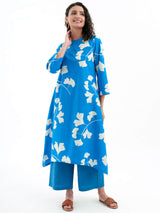 Cotton Poplin Floral A line Kurta - Blue