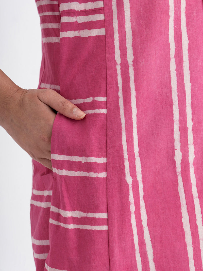 Cotton Dabu Handblock Printed Striped Kurta - Pink