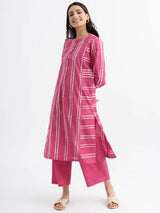 Cotton Dabu Handblock Printed Striped Kurta - Pink